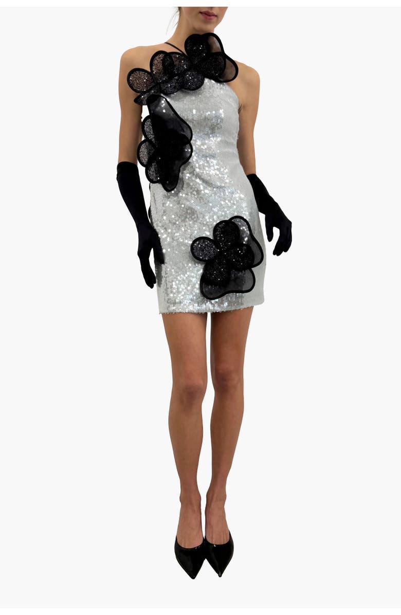 Malva Florea Sequin Mini Dress With Layered Floral Appliqus, Alternate, color, Light Blue