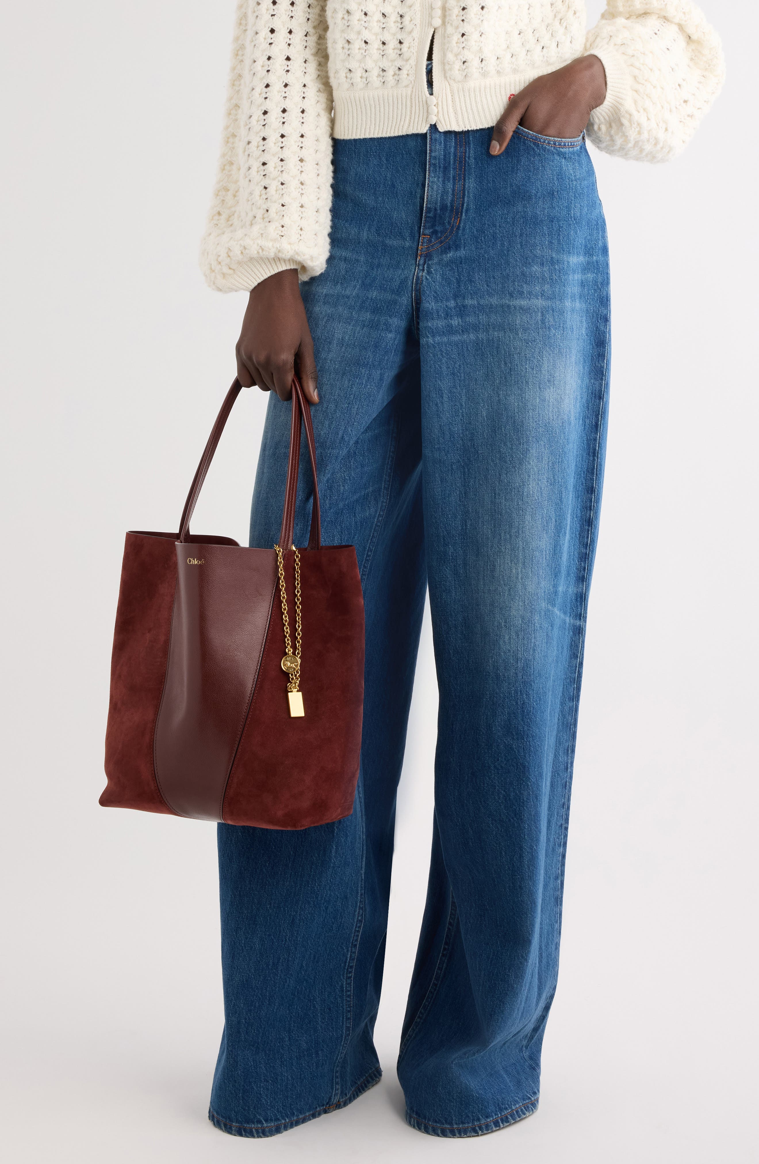 Medium Spin Leather & Suede Tote, Alternate, color, CRAFTY BROWN