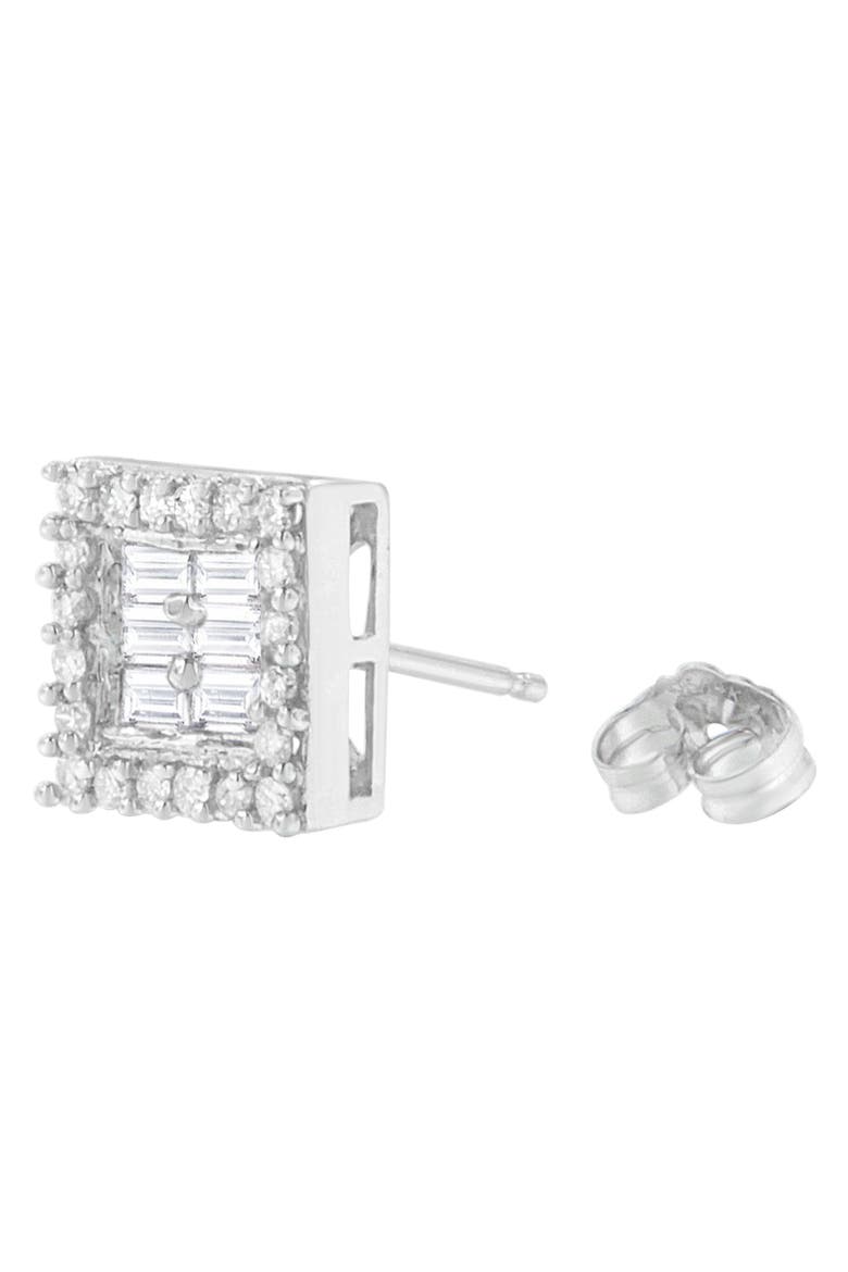 14K White Gold 1 cttw Round and Baguette Diamond Stud Earrings, Alternate, color, White