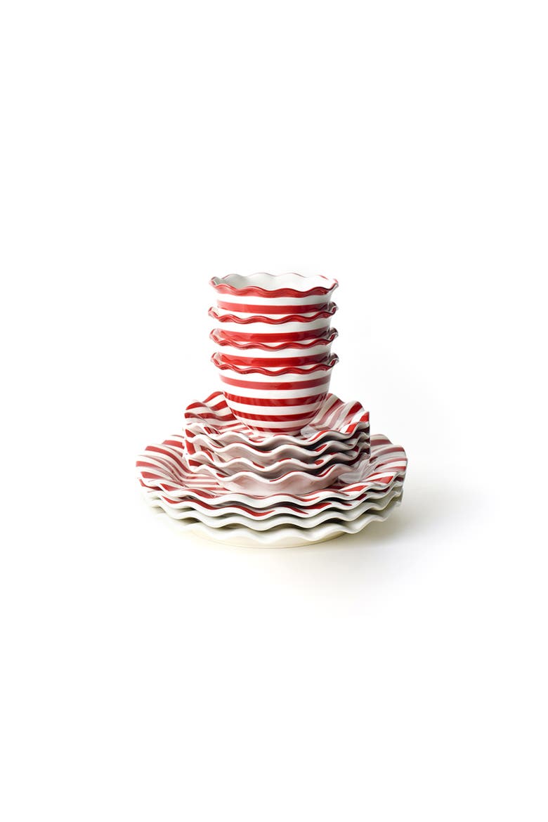 Red Stripe Ruffle Dinnerware 12 Piece Set, Main, color, Red