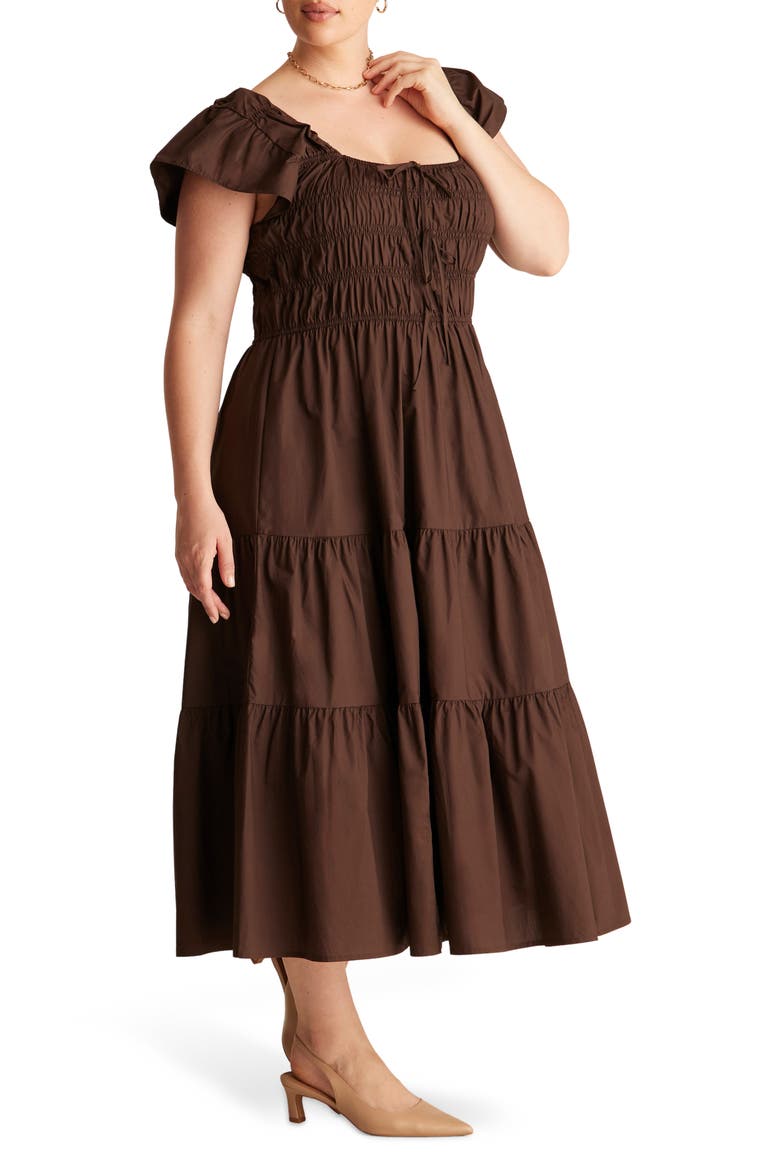 Alana Smocked Fit & Flare Cotton Tiered Midi Dress, Alternate, color, TRUFFLE