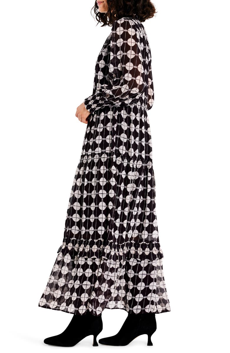 NIC+ZOE Dot Ruffle Smocked Long Sleeve Chiffon Maxi Dress, Alternate, color, Black Multi