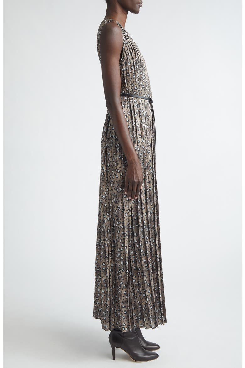 Leopard Print Accordion Pleat Belted Satin A-Line Dress, Alternate, color, BROWNSTONE MULTI