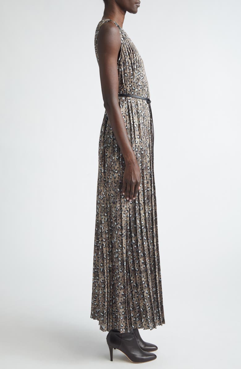 Lafayette 148 New York Leopard Print Accordion Pleat Belted Satin A-Line Dress, Alternate, color, Brownstone Multi