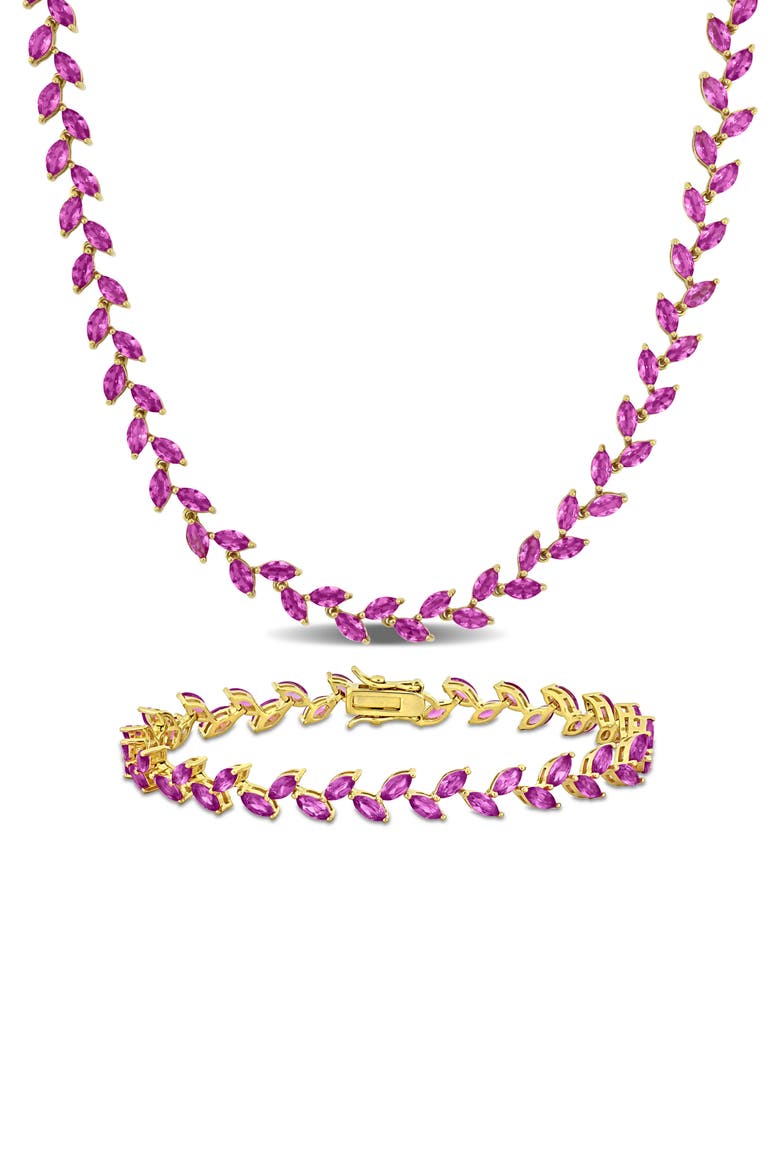 Lab Created Pink Sapphire Tennis Necklace & Bracelet Set, Main, color, PINK