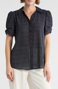 Adrianna Papell Patterned Pinch Sleeve Button-Up Shirt
