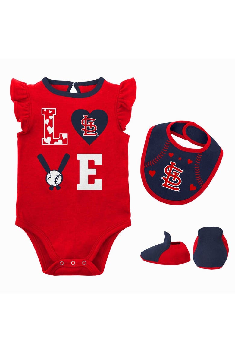 Newborn & Infant Red/Navy St. Louis Cardinals Three-Piece Love of Baseball Bib Bodysuit & Booties Set, Main, color, Red