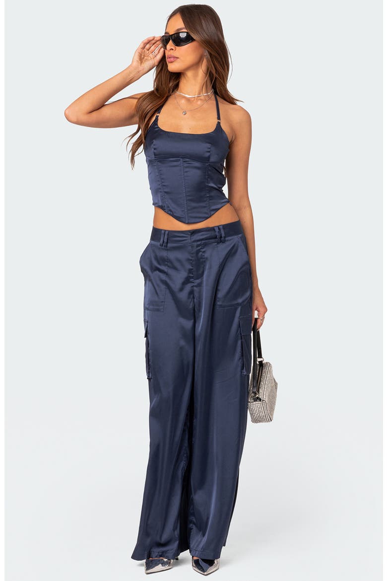 Kelsey Lace-Up Back Satin Halter Neck Corset, Alternate, color, NAVY