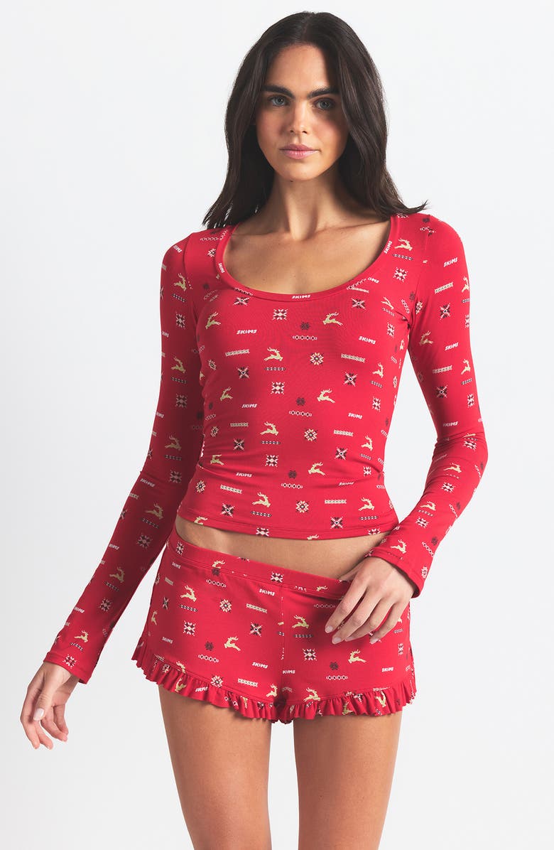 SKIMS Scoop Neck Top & Ruffle Shorts Pajamas, Alternate, color, Cranberry Vintage Deer Print