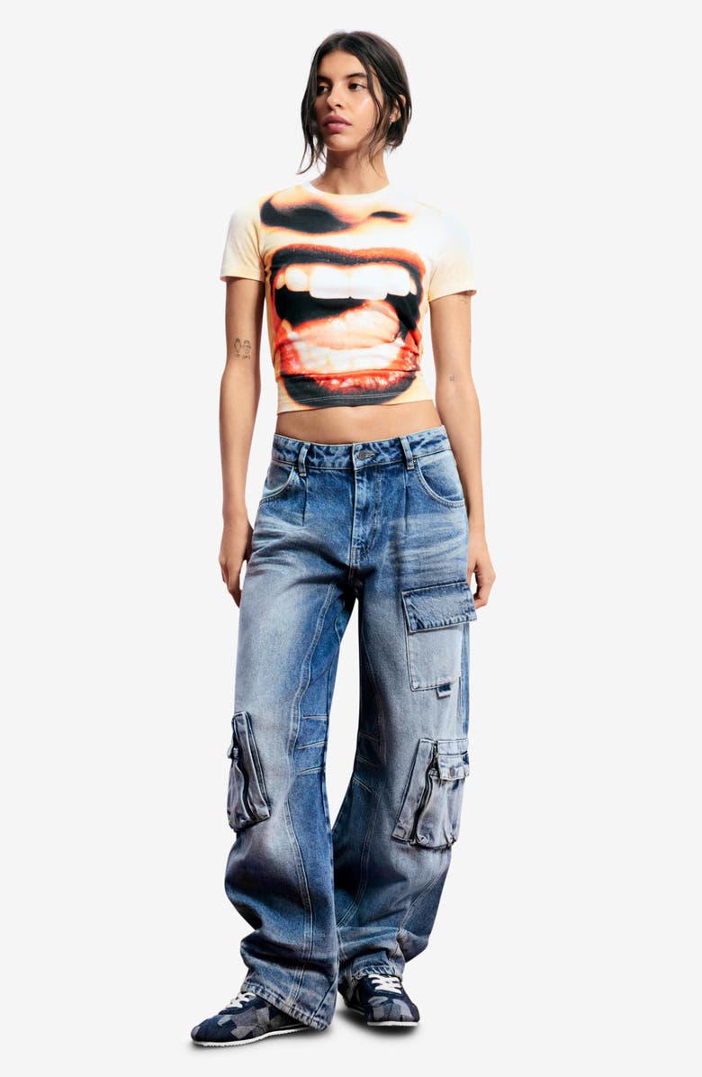 Desigual Wide Leg Cargo Jeans, Alternate, color, Medium Blue