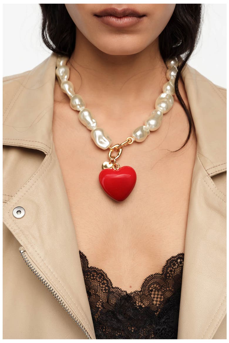 Irregular Pearl Heart Necklace, Alternate, color, RED