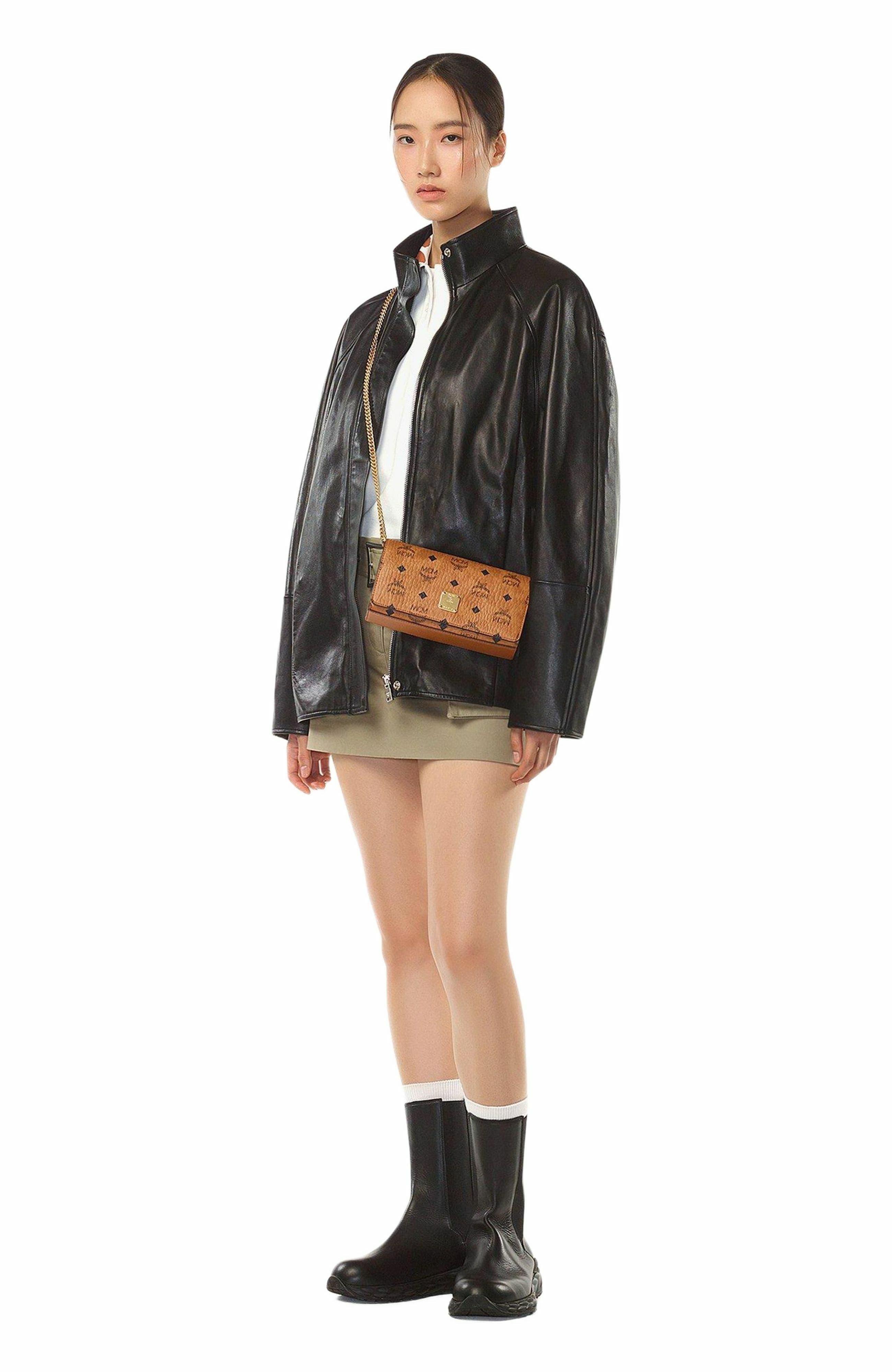 MCM Mini Aren Shoulder Bag in Visetos, Alternate, color, Cognac