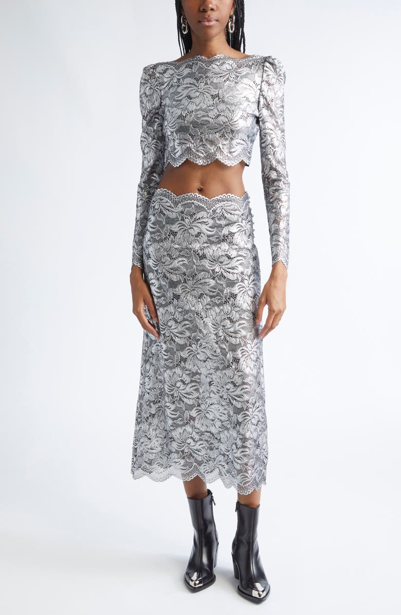 Rabanne Metallic Stretch Lace Skirt, Alternate, color, Black / Silver