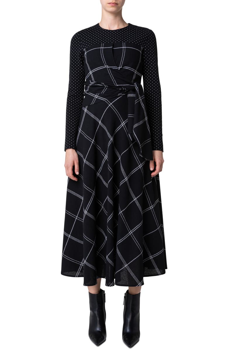 Akris punto Mixed Media Long Sleeve Wool Blend Dress, Main, color, 