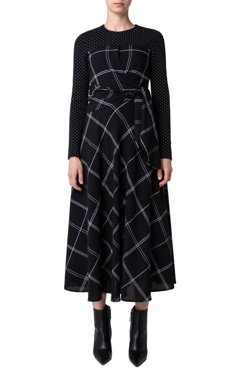 Mixed Media Long Sleeve Wool Blend Dress