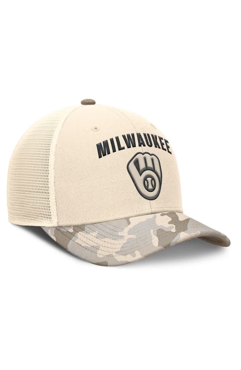 Nike Men's Nike Natural Milwaukee Brewers Camo Natural Pack Rise Adjustable Trucker Hat, Alternate, color,