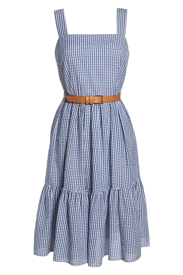 Ruffle Hem Seersucker Check Fit & Flare Dress, Alternate, color, NAVY/ IVORY