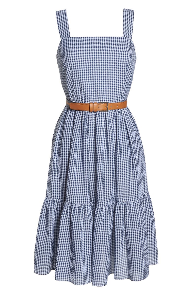 Eliza J Ruffle Hem Seersucker Check Fit & Flare Dress, Alternate, color,