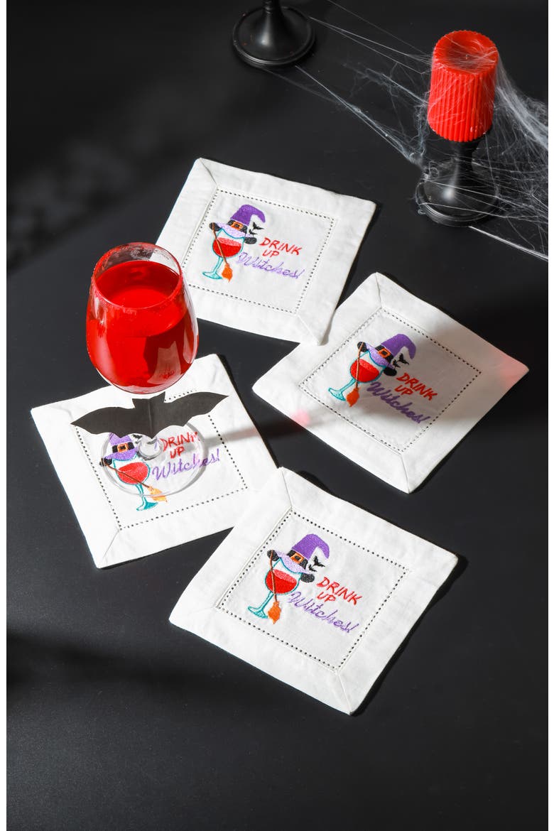 Drink Up Witches Embroidered Linen Cocktail Napkins, Alternate, color, MULTI