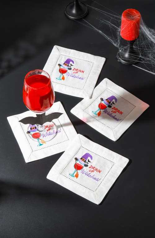 Tiramisu Drink Up Witches Embroidered Linen Cocktail Napkins In White