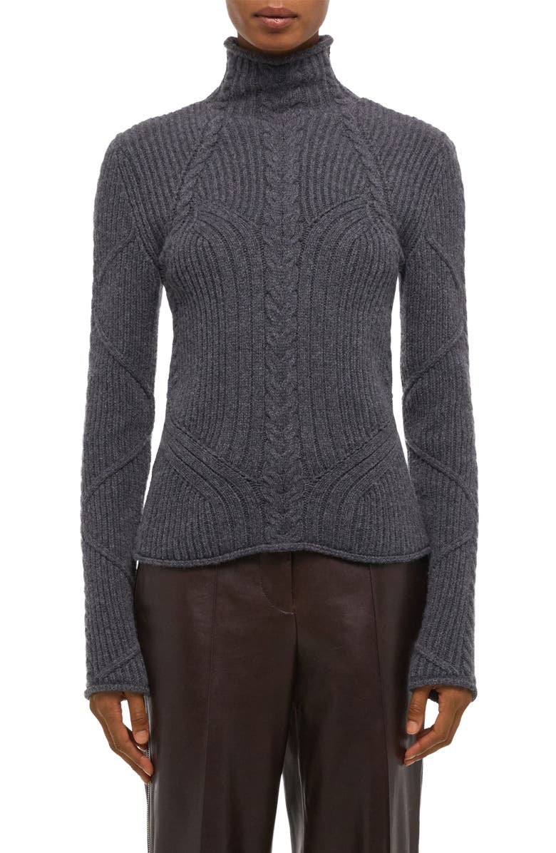 Helmut Lang Zephir Cable Stitch Turtleneck Wool Blend Sweater, Main, color, Charcoal