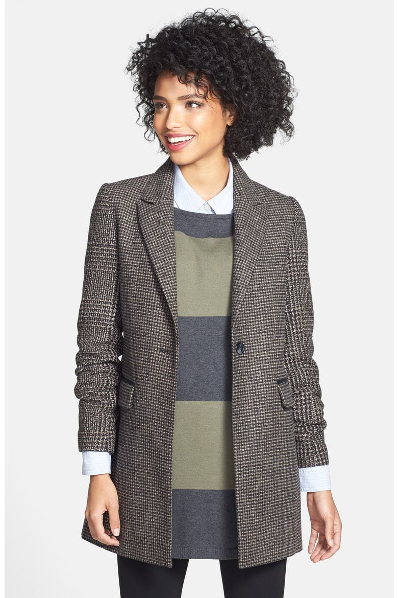 Tweed Single Breasted Reefer Coat, Main, color, TAUPE/ BLACK