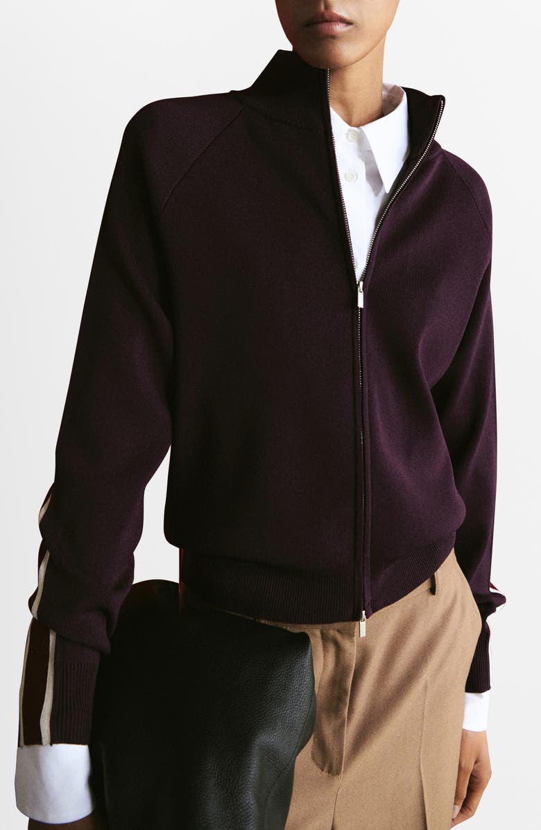 MANGO Side Stripe Zip Cardigan, Main, color, Wine