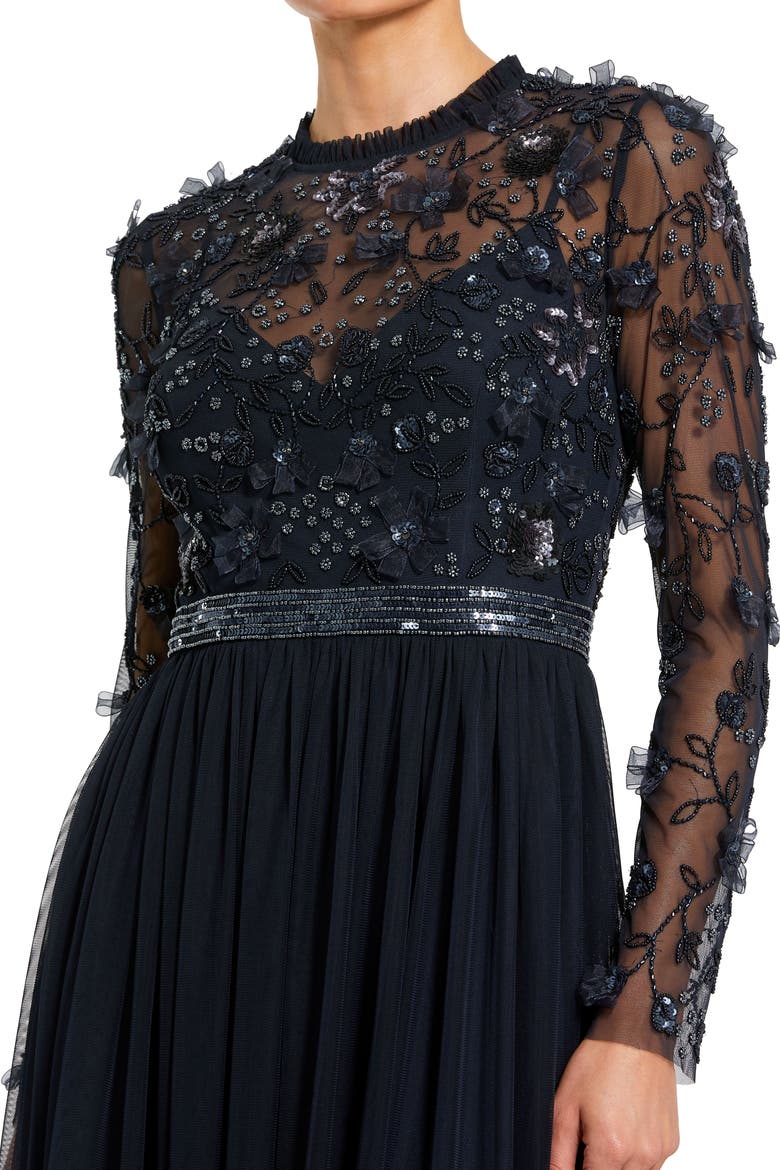 Petite Embellished Illusion High Neck Long Sleeve Gown, Alternate, color, Midnight