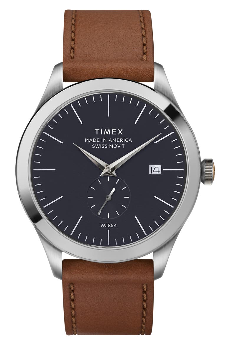 American Documentation Leather Strap Watch, 41mm, Main, color, TAN/ NAVY/ SILVER