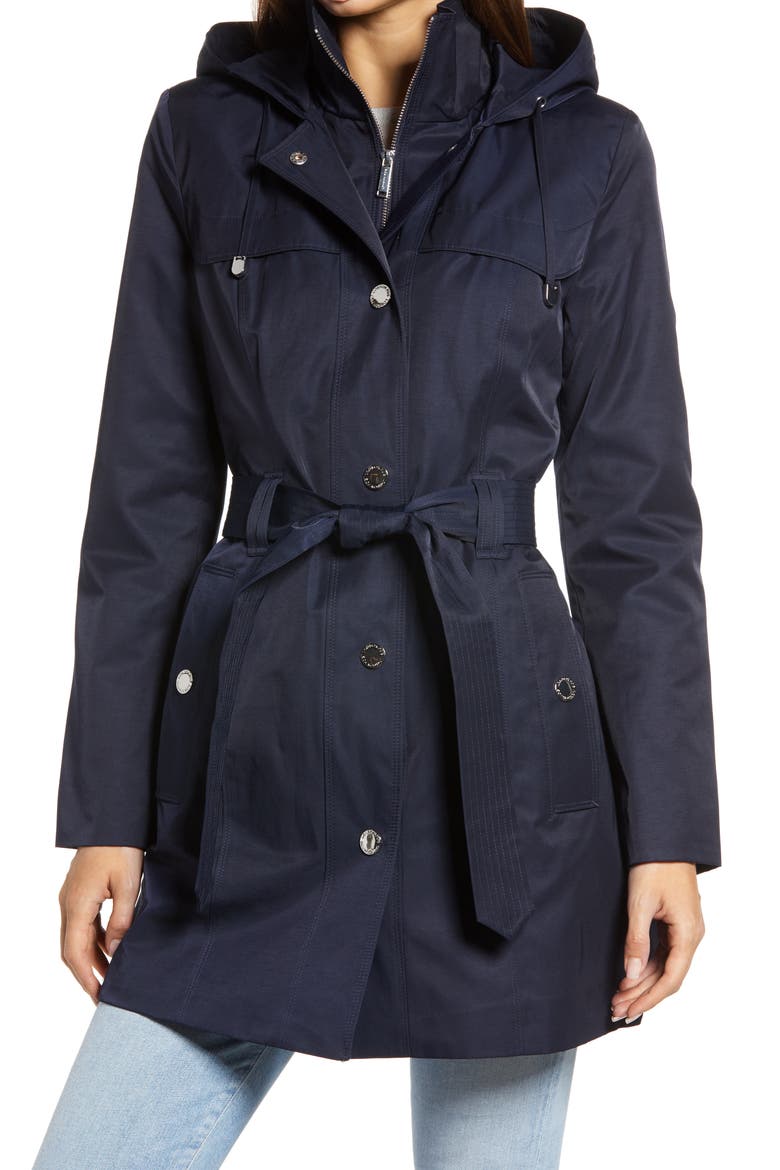 Hooded Trench Coat with Bib Inset, Main, color, MIDNIGHT NAVY