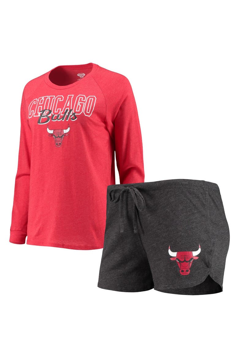 Women's Concepts Sport Heathered Black/Heathered Red Chicago Bulls Raglan Long Sleeve T-Shirt & Shorts Sleep Set, Main, color, Heather Black