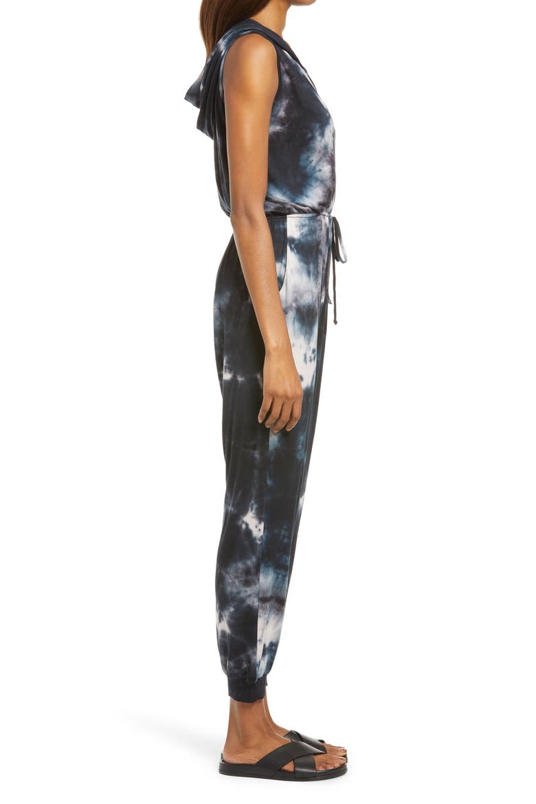 Tie Dye Hooded Jumpsuit, Alternate, color, BLACK