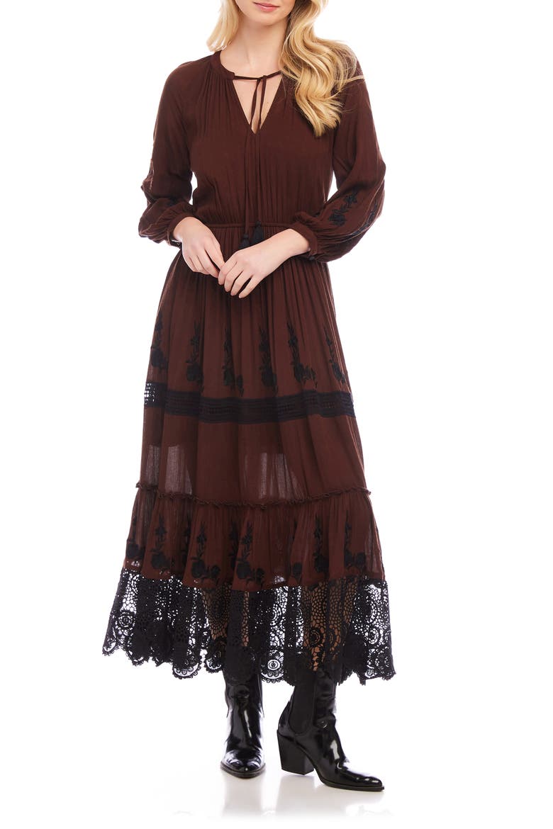 Long Sleeve Embroidered Lace Maxi Dress, Main, color, BROWN WITH BLACK