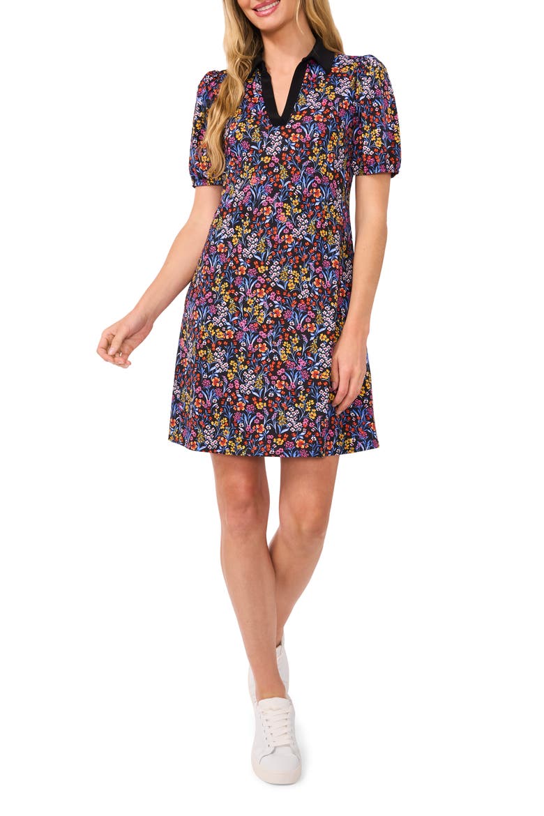 Floral Puff Sleeve Polo Dress, Main, color, RICH BLACK