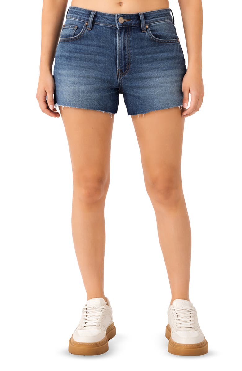 Madden Girl Raw Hem Shorts, Main, color, Dark Wash