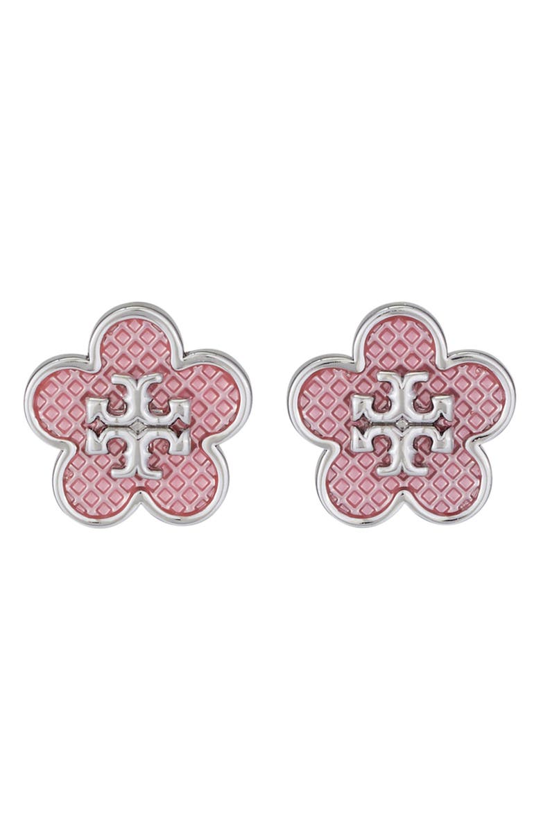 Tory Burch Kira Flower Stud Earrings, Main, color, Tory Silver / Pink