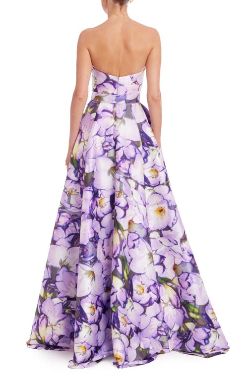 Badgley Mischka Strapless Floral-print Ruffle Gown In Lilac Multi