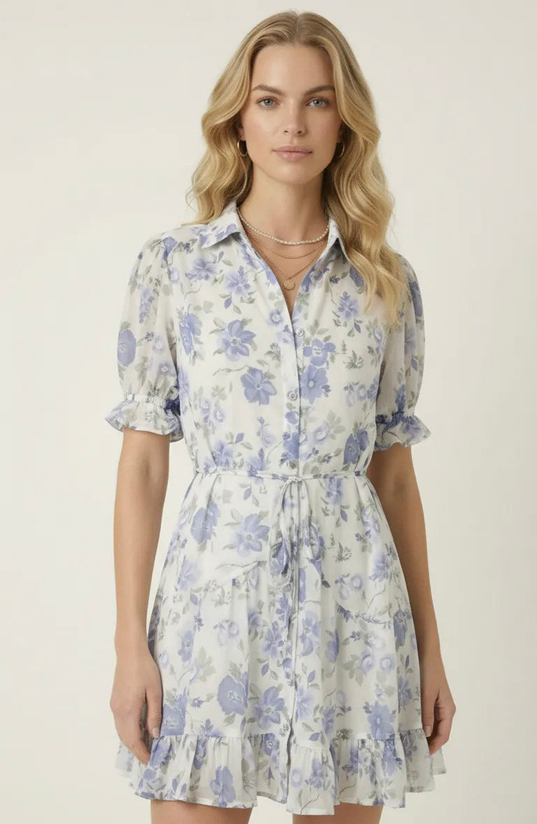 Modenaire Floral Tie Waist Shirt Dress, Main, color, White / Floral
