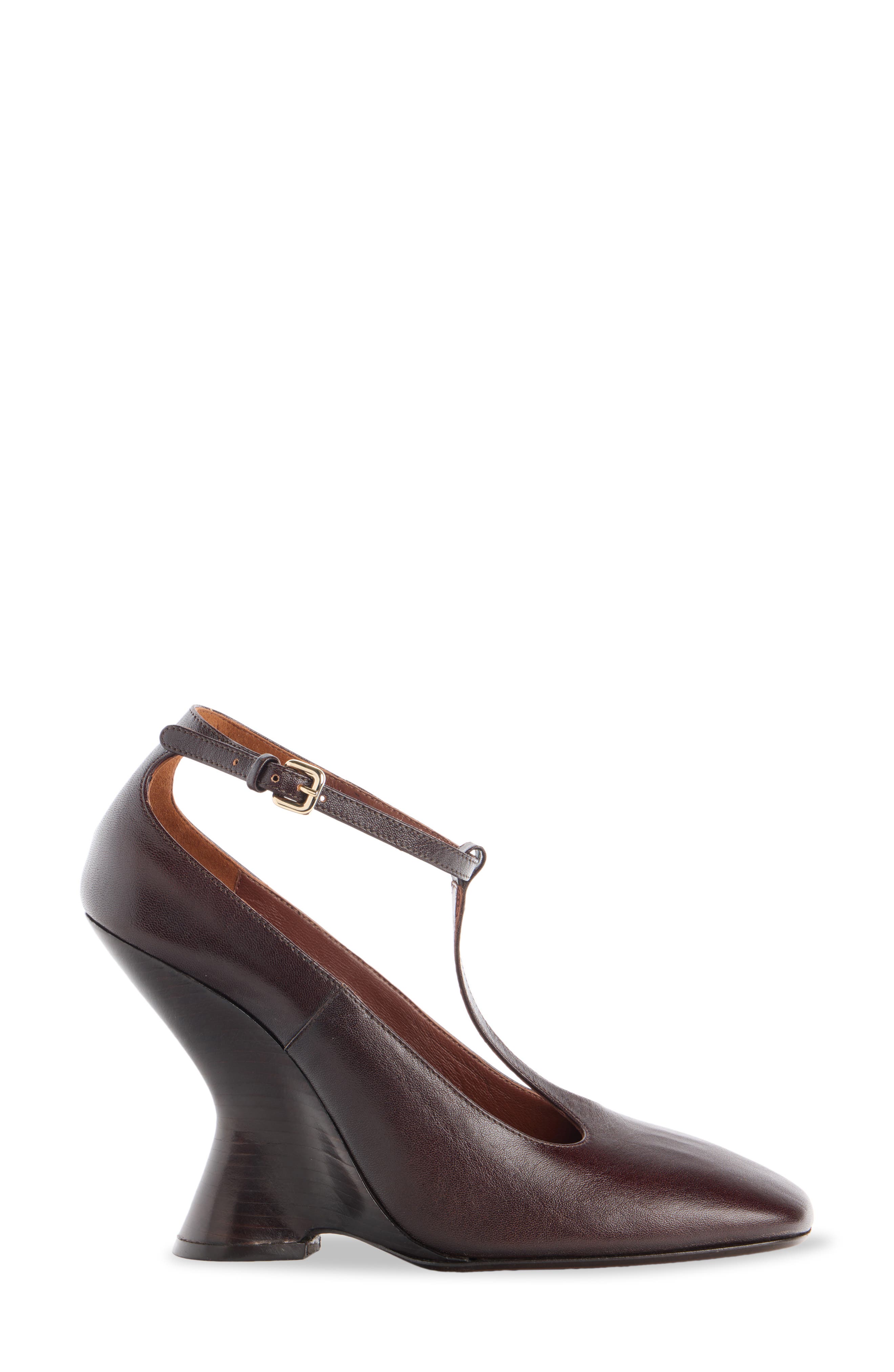 T-Strap Wedge Pump, Alternate, color, DARK BROWN 704