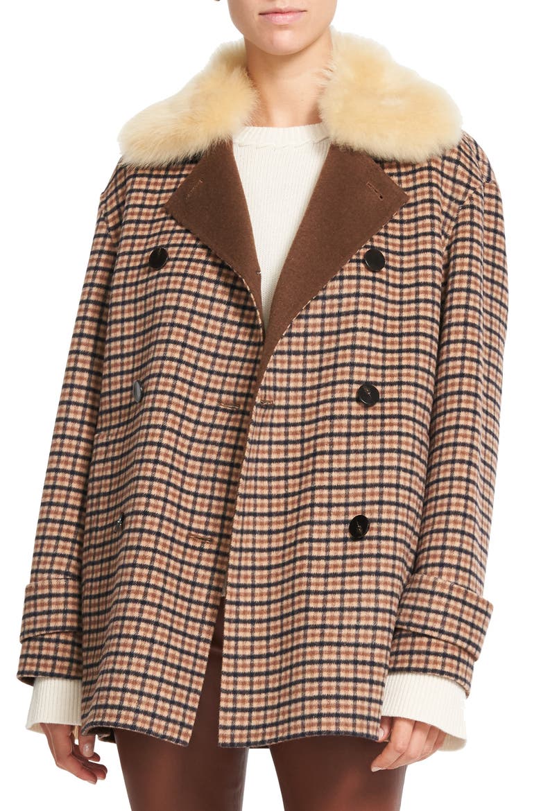 Check Wool Blend Coat with Genuine Shearling Collar, Main, color, CAMEL MULTI - EF2