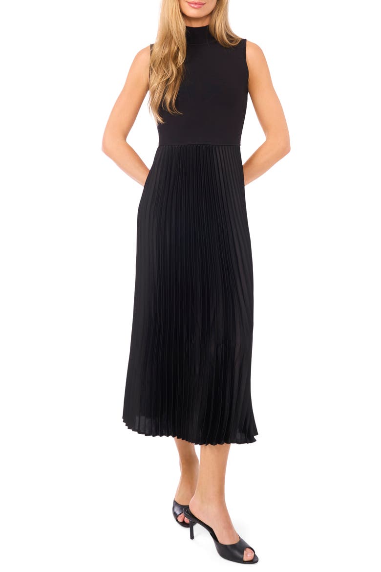 Mixed Media Sleeveless Midi Dress, Main, color, RICH BLACK