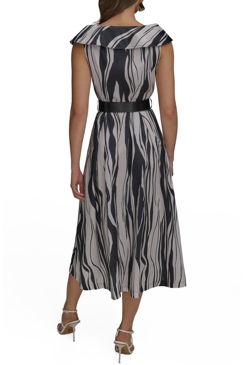 Zebra Print Notched Lapel Belted Midi Dress, Alternate, color, BLACK/ PRISTINE