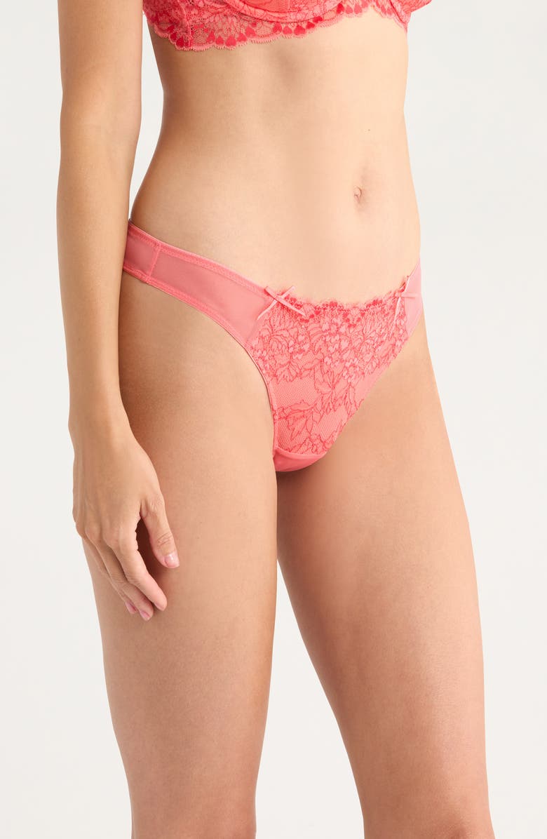 Hunkemöller Cherry Embroidered Mesh Thong, Alternate, color, Sugar Coral