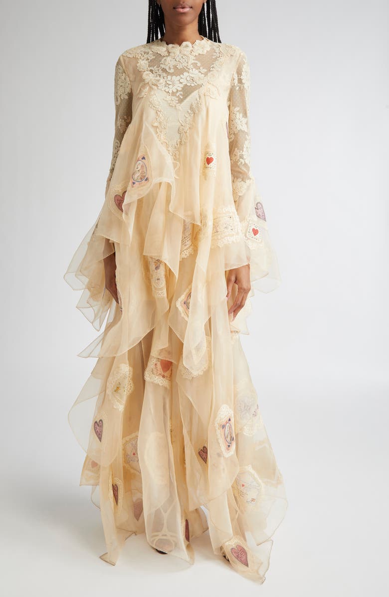 Zimmermann Hypnotic Cascading Semisheer Long Sleeve Lace Silk Gown, Main, color, Cream