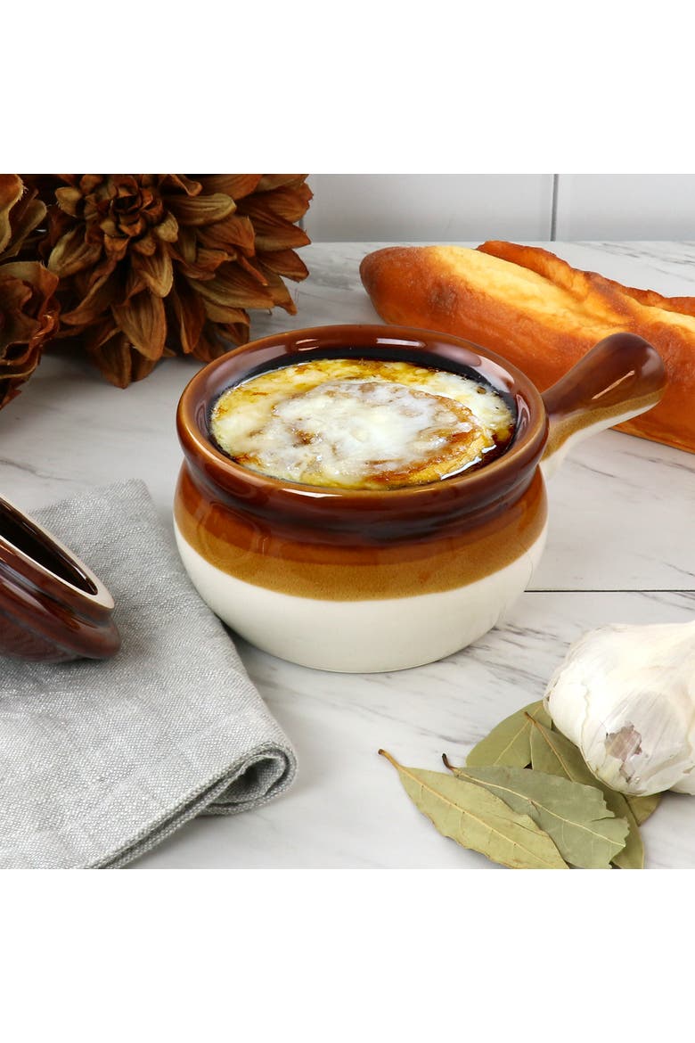 4 Piece Long Handle 15 Ounce French Onion Soup Bowl with Lid, Alternate, color, Brown