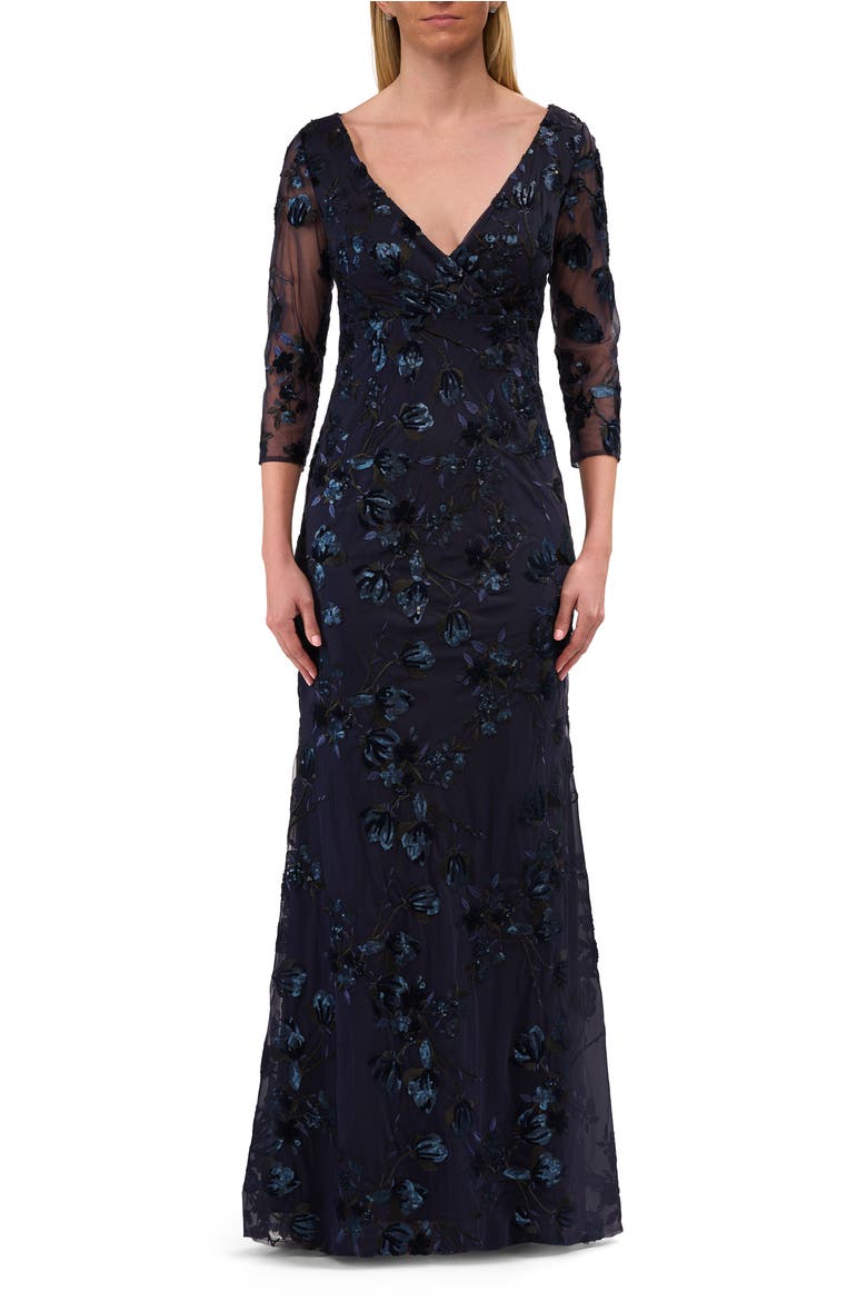 Three Quarter Sleeve Sequin Lace Mother of the Bride Dress, Main, color, Navy