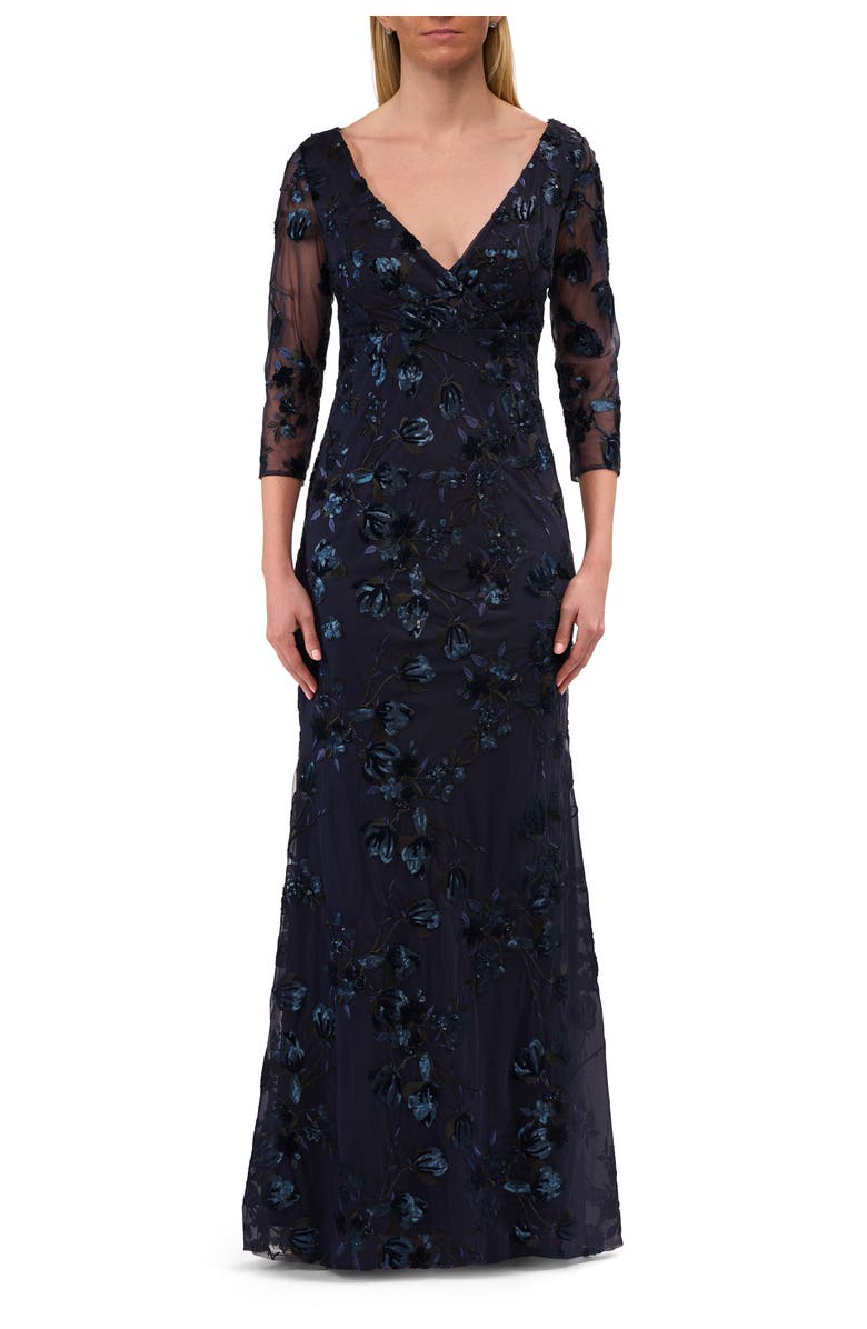 La Femme Three Quarter Sleeve Sequin Lace Mother of the Bride Dress, Main, color, Navy