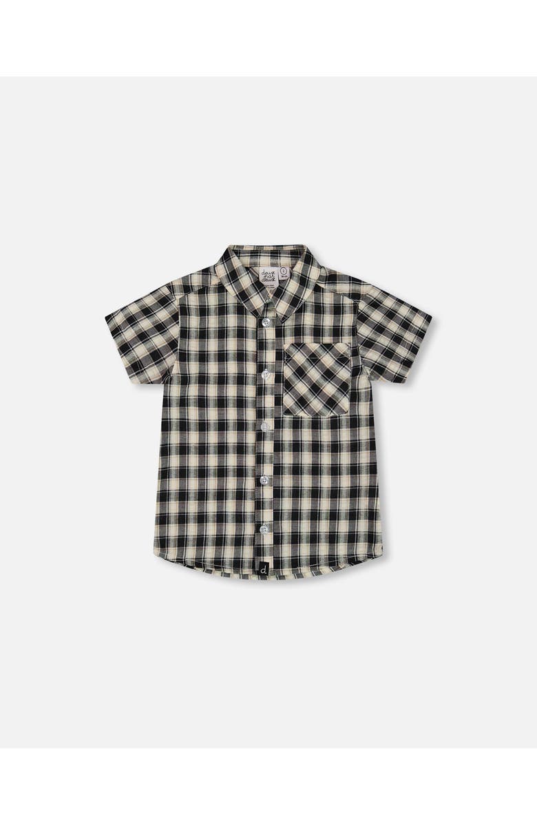 Deux par Deux Boy's Short Sleeve Button Down Shirt Black And Beige Plaid, Main, color, 