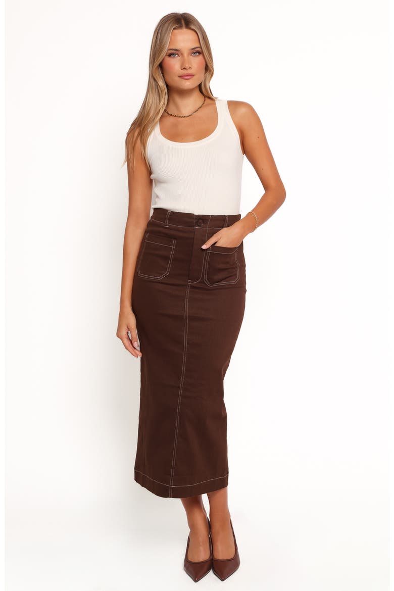 Nikko Topstitch Detail Stretch Cotton Midi Skirt, Alternate, color, CHOCOLATE BROWN