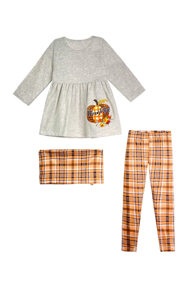 Mia Belle Girls Thankful Pumpkin Tunic, Plaid Leggings And Scarf Set, Main, color, Orange